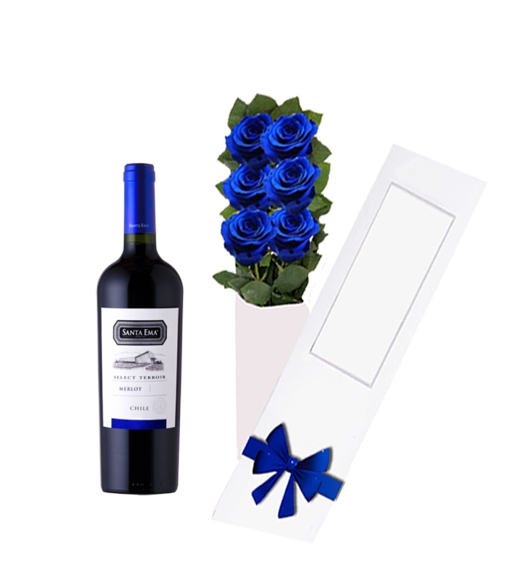 Caja de Rosas Azules + Vino 375cc